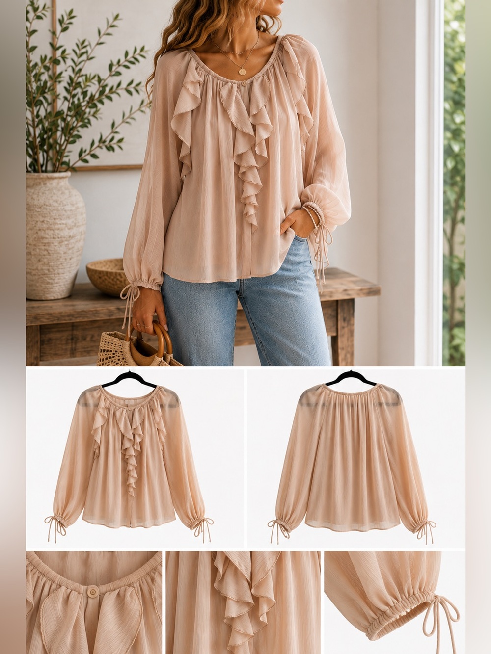 LOFT NWT Blush Ruffle Sheer Tie Neck Blouse Large Romantic Feminine Cottagecore